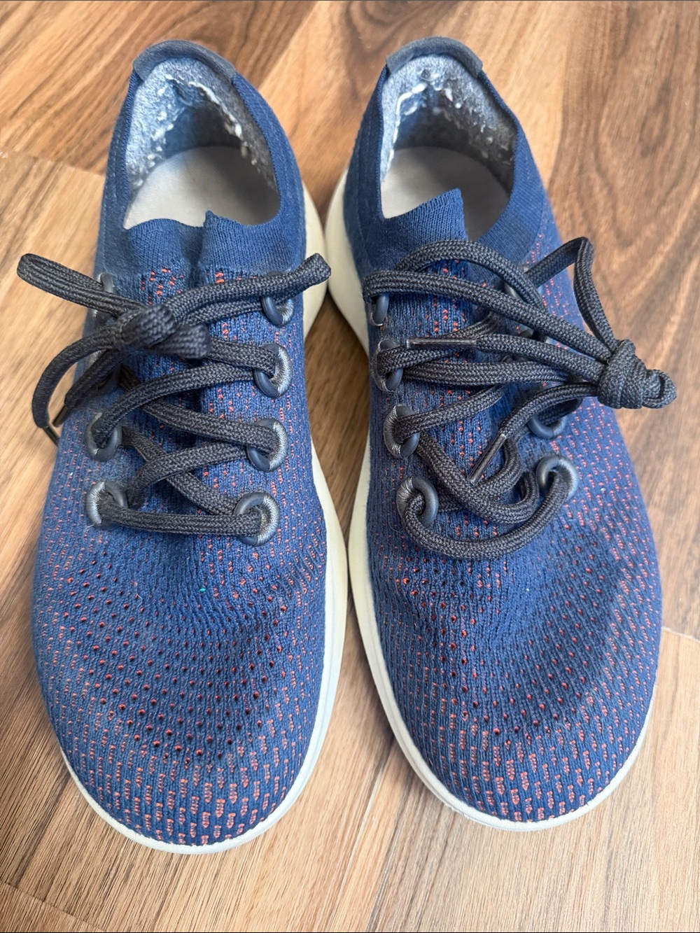 allbirds Navy Blue Knit Athletic Shoes with Red Accent